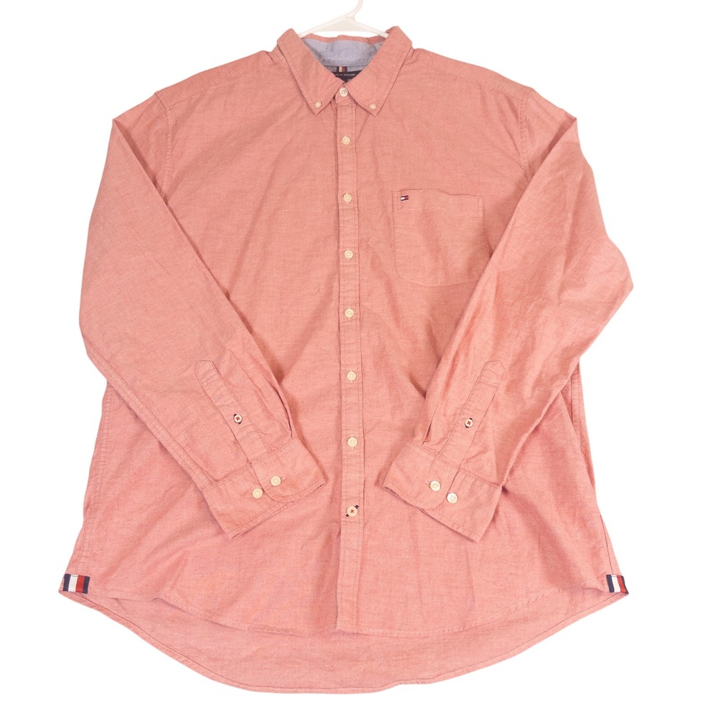 Tommy Hilfiger Mens XXL Slim Fit Button Down Shirt Pink Oxford Long Sleeve Logo